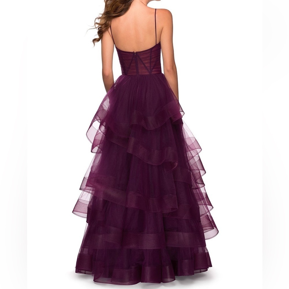 La Femme Dark Berry Tiered Ruffle Tulle Maxi Prom Dress - Picture 4 of 10